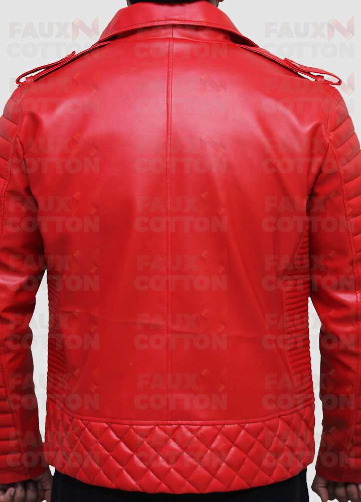 Slim Fit Red Quilted Biker Faux Leather Jacket